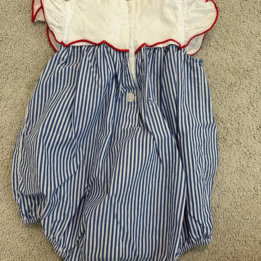 Patriotic Blue Stripe Baby One-Piece Romper with Flag Trim